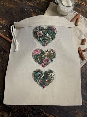 Floral Rose Heart Bread Bag, Handmade Muslin Cotton Bread Bag, Reusable